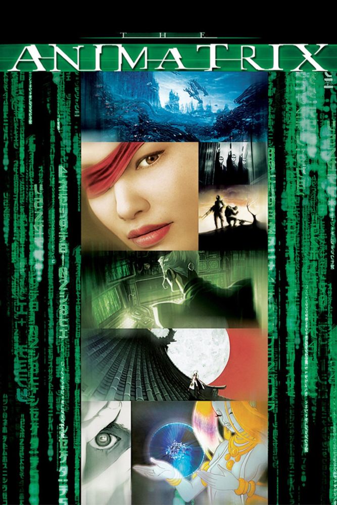 Affiche du film Animatrix : différentes prises de vues tirées des courts-métrages qui composent le film (un visage de femme avec un bandeau rouge sur l'oeil, un paysage post-apocalyptique, un toit de maison japonaise avec des épéistes qui s'affrontent, un oeil en noir et blanc, une figure de déesse).