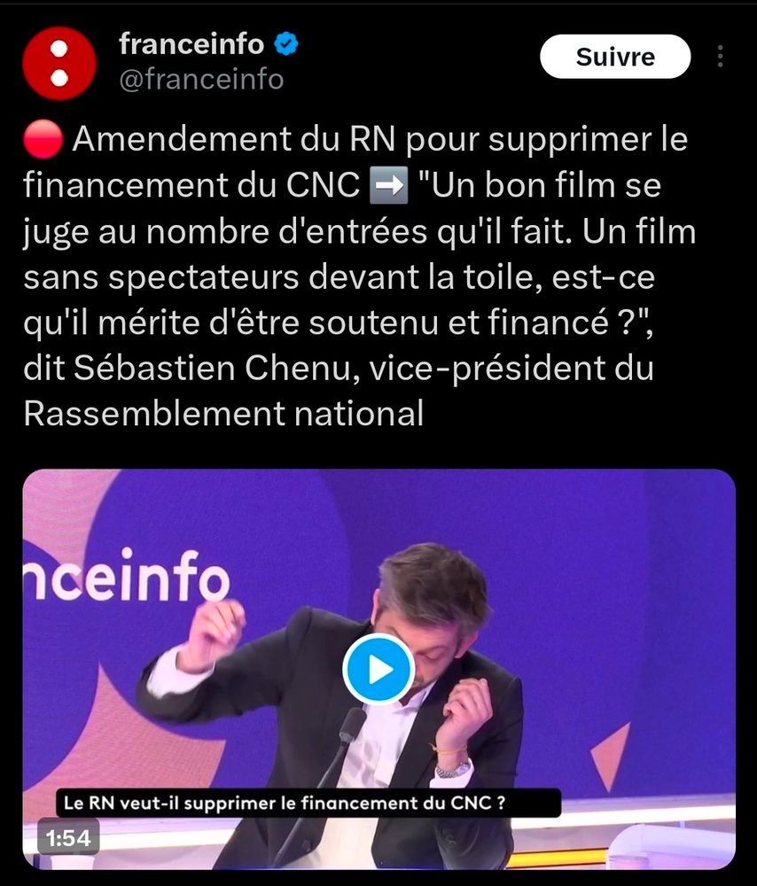 Capture d'écran d'un tweet de France Info qui mentionne un amendement du RN pour supprimer le système de financement par le CNC