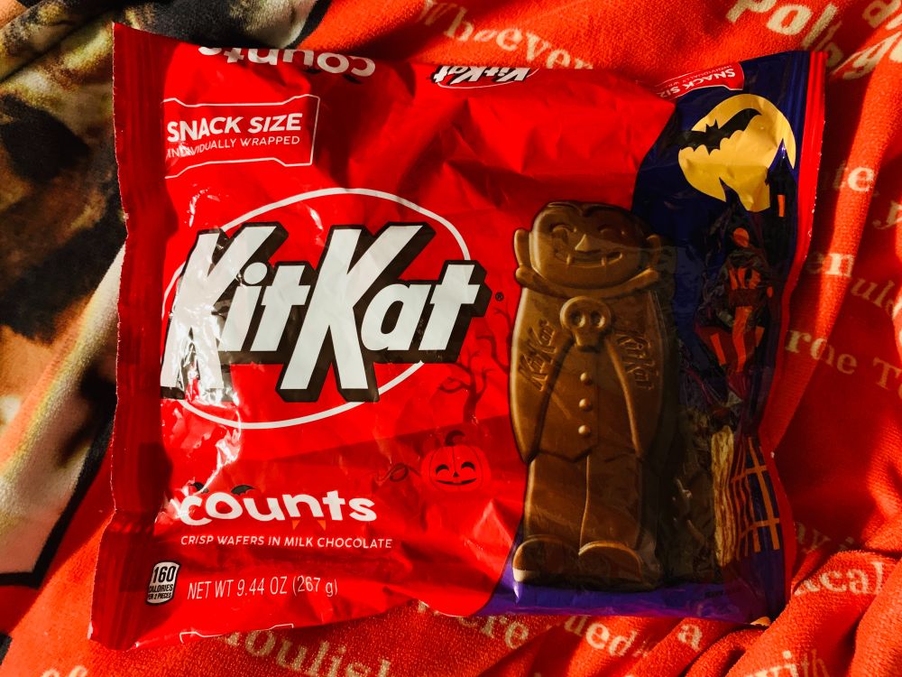 A bag of Kit Kat Counts, which are Kit Kats in the shape of Dracula.
