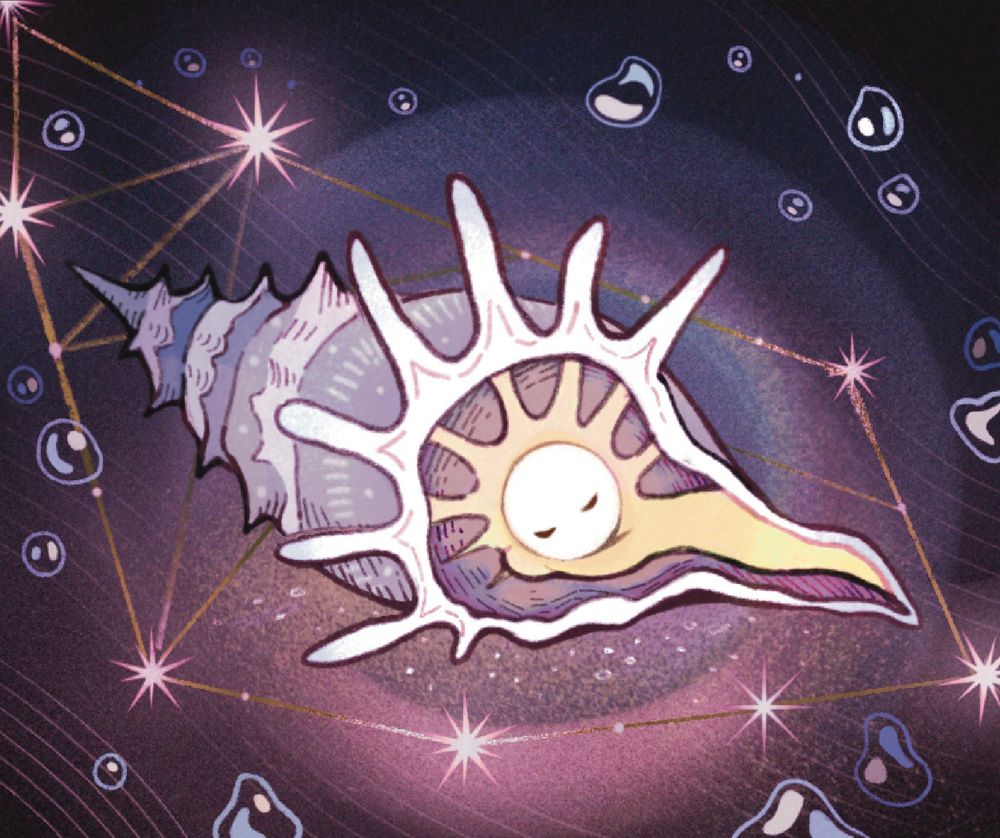 A humanoid yellow star sleeps inside a sea conch surrounded by bubbles and a constellation in the shape of the shell.