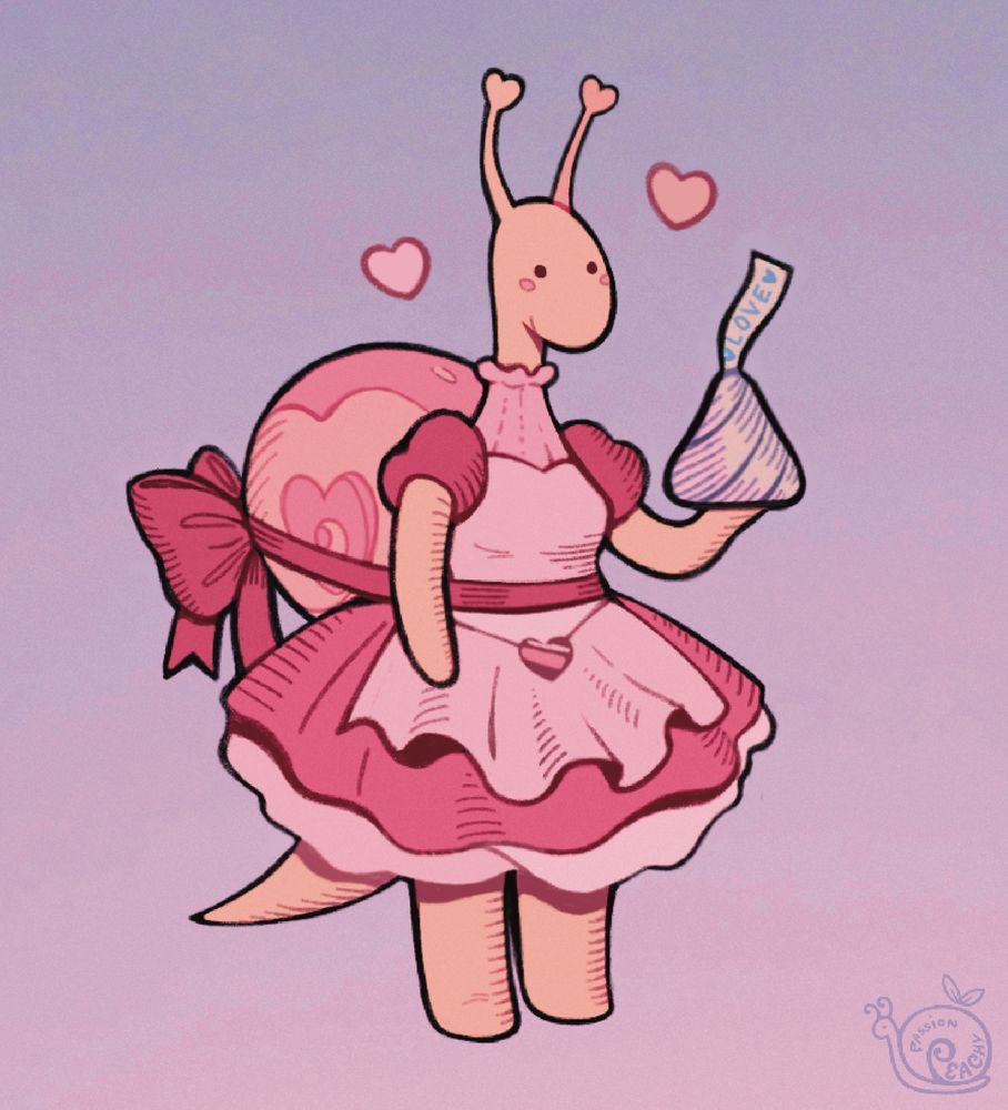 A yellow snail in a frilly red and light pink dress with a red bow tied around her shell. She holds up a chocolate kiss with a gentle smile.