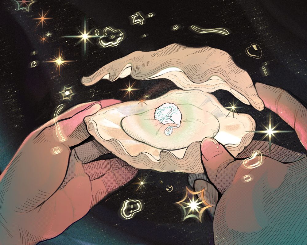 A pair of hands open a clam shell to reveal a white unicorn shaped like a pearl inside. Stars and bubbles surround it.