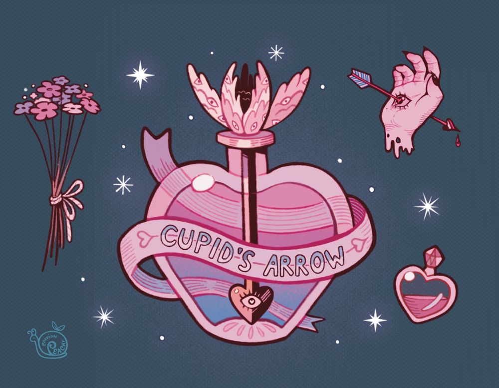 A love potion in the shape of a pink heart with an arrow striking it. It has a white ribbon wrapped around it that says “cupid’s arrow”. A flower bouquet, a white severed hand with an eye in its palm struck with a heart arrow, and a mini love potion surround it with stars.