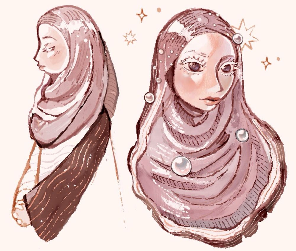 Digital drawings of a light-skinned person with a shiny mauve hijab. The first drawing is a side view of them wearing a pale dress with long brown sleeves. The second drawing is a closeup of their face with white eyelashes and loose pearls decorating the fabric as it transitions into an oyster.