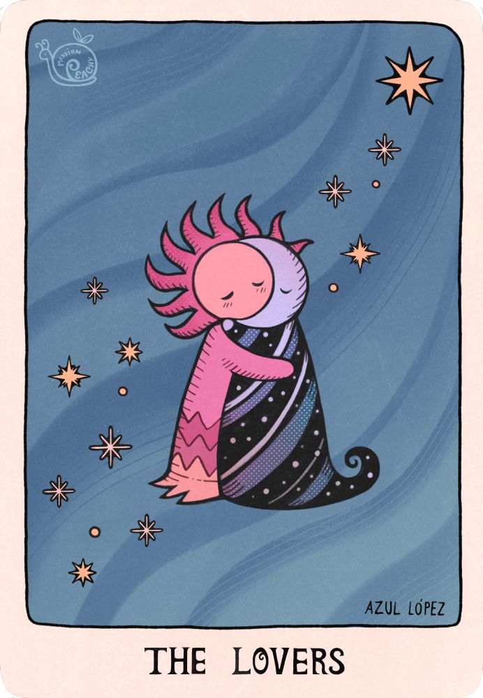 A drawn tarot card showing a sun and moon hugging with several stars around them in a blue sky background. On the bottom it reads: THE LOVERS