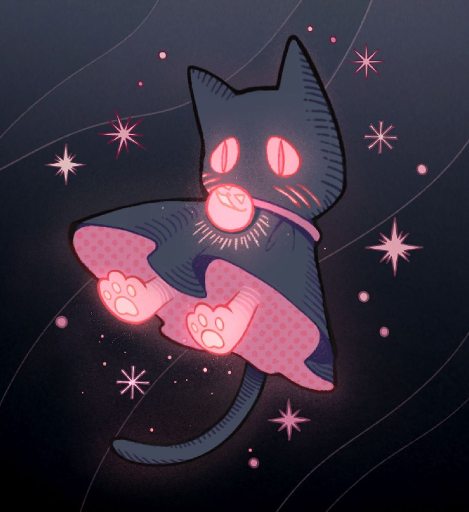A ghost in the shape of a black cat with glowing orange-pink eyes and glowing orange-pink paws sticking out under its sheet. It also has a glowing orange-pink bell in the shape of a pumpkin. The background is dark gray with pale orange-pink stars.