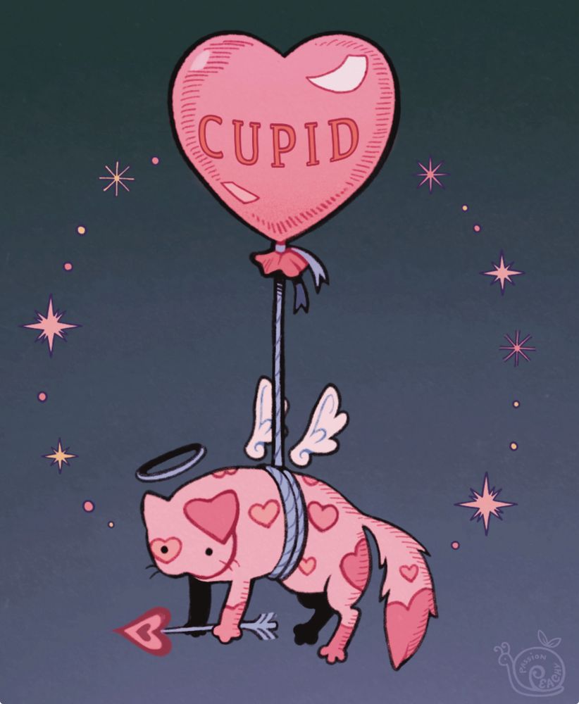 A cat with pink hearts patterns all over its body is hoisted up by a pink balloon that says “CUPID”. The cat has wings and a halo while holding a heart-shaped arrow on its paws.