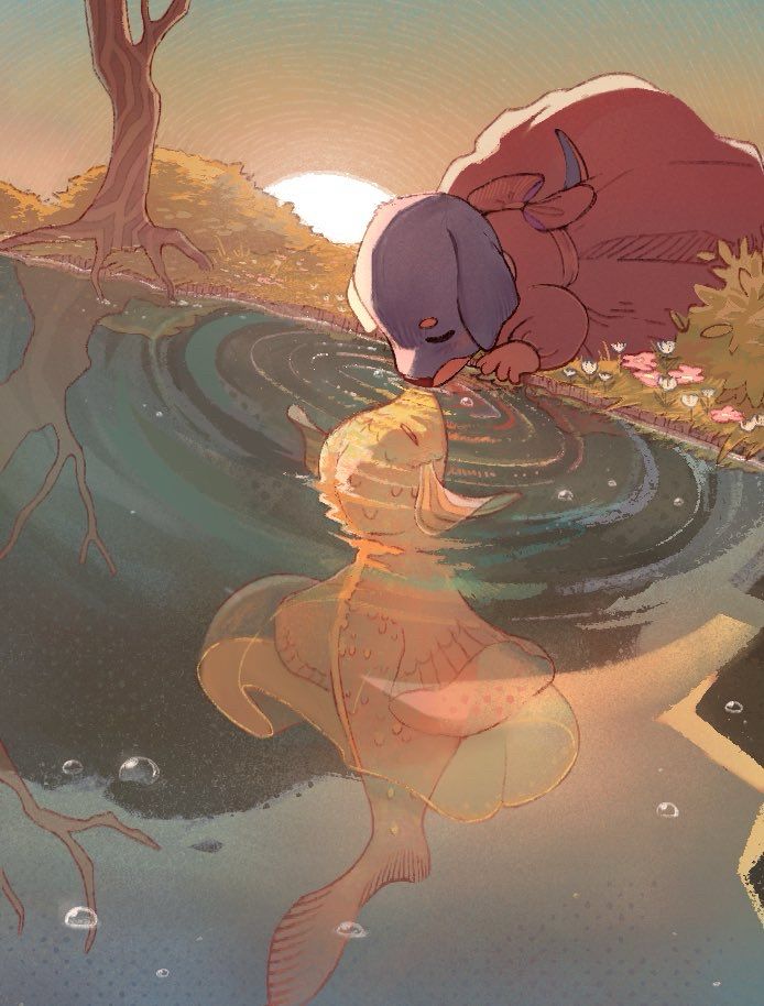 Drawn interpretation of the previous image where the dog is now an anthropomorphic dog in a red dress leaning into a glistening lake kissing a mystical fish-like being. Small pink and white flowers dot the grass field. There's a sunset, a tree, and bush in the background. Their kiss causes ripples in the water.