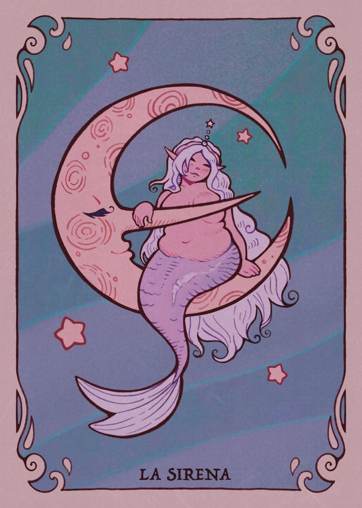 A chubby mermaid with a purple tail and white hair sits on a moon with a face. The long nose of the moon covers her breasts as she drapes one hand over it. The background is a nightsky with stars and a beige, decorative border. In dark letters, the bottom of the image says "LA SIRENA".