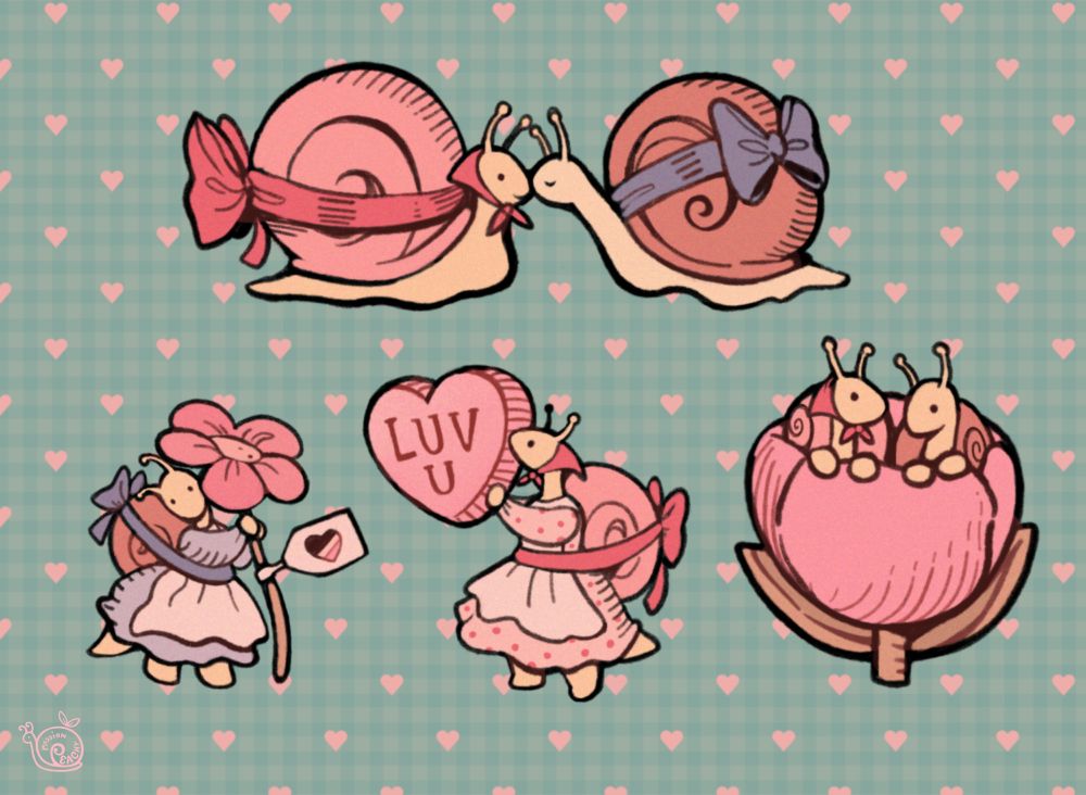 A page consisting of 4 drawings: snails kissing, a snail holding a flower, another snail holding a pink candy heart, and snails residing inside a tulip.