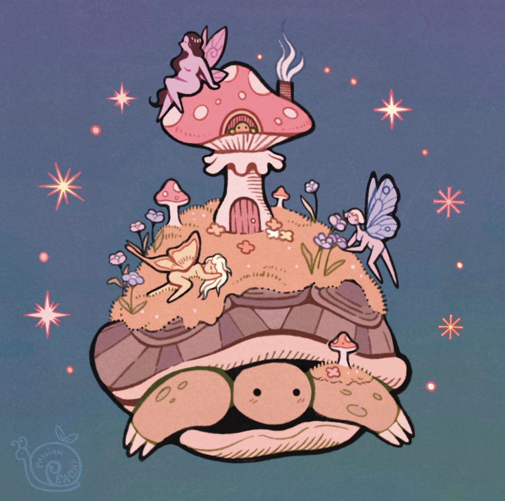 A tortoise that has fairies and a small frog residing on its back, which is growing moss,  mushrooms and flowers.