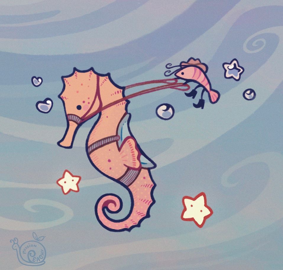 A yellow seahorse with a blue saddle is held by the reins by a shrimp with a cowboy hat. Bubbles and starfish decorate the scene.