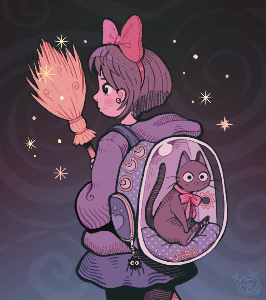 Kiki from Kiki's Delivery Service with her back to the viewer holding a broom and a clear cat-holding backpack with Jiji inside. He is sitting on a pillow with his name embroidered on it.