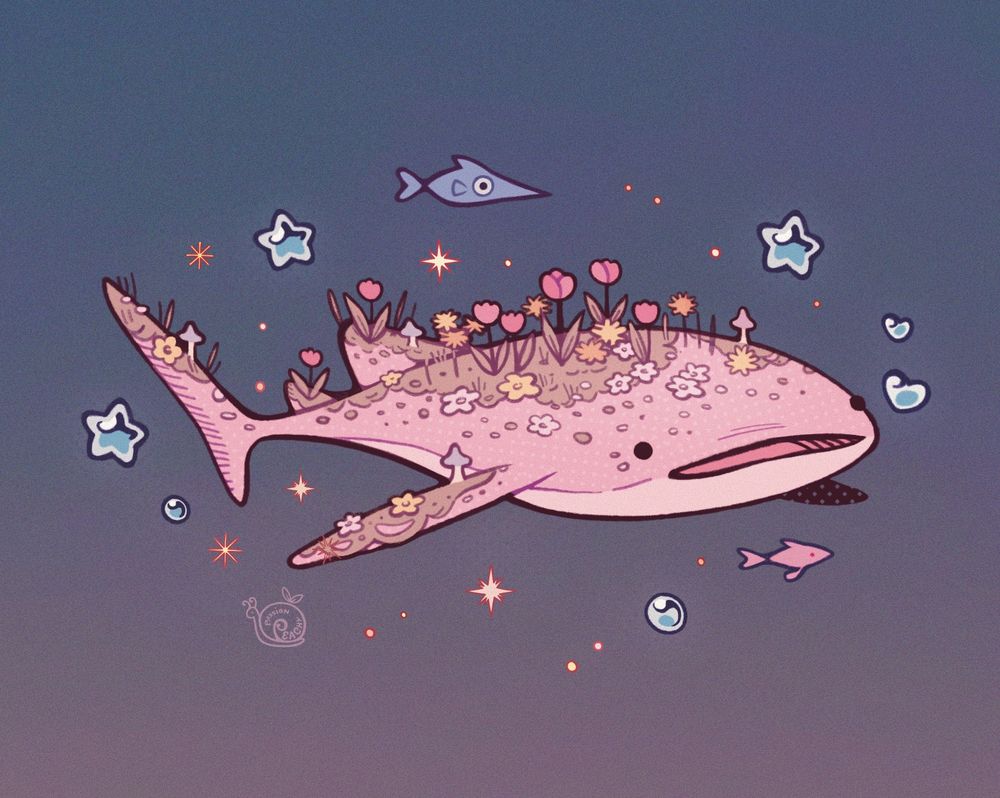 A pastel pink whale shark with grass, moss, flowers and mushrooms growing out its back swims along with some small fish and bubbles. Some of the bubbles are star-shaped. Yellow sparkles decorates the scene.