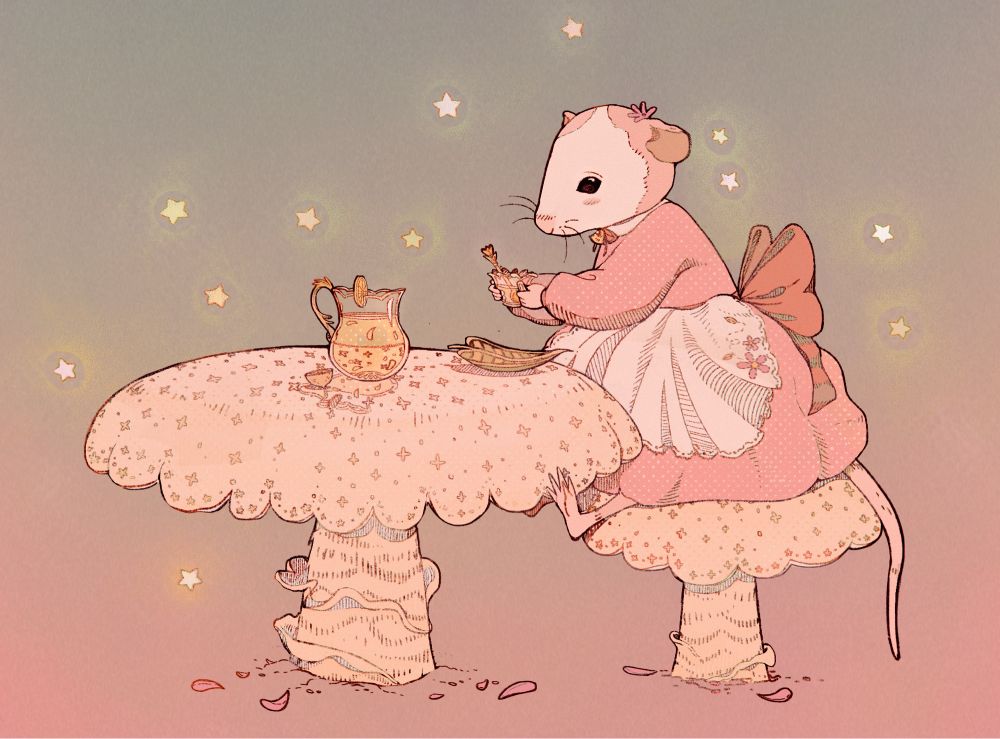 White and brown mouse with a pink dress drinking lemonade while sitting on mushrooms that look like a stool and table. A gray-pink background with stars strewn about.