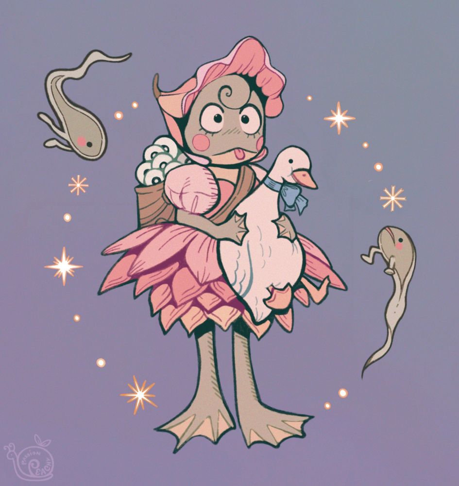 A young frog girl wearing a dress made out of pink water lilies carries a sack of frog eggs and a goose. Two tadpoles swim around the spaces beside her. 
