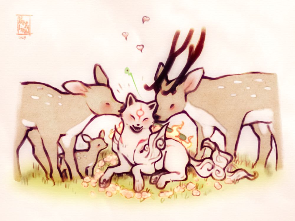 Illustration of the white wolf, Amaterasu, from Okami, getting kisses from two spotted deer! She is sitting in the grass with pink flowers around her. Deer on left has a baby by her side, deer on right has large antlers.