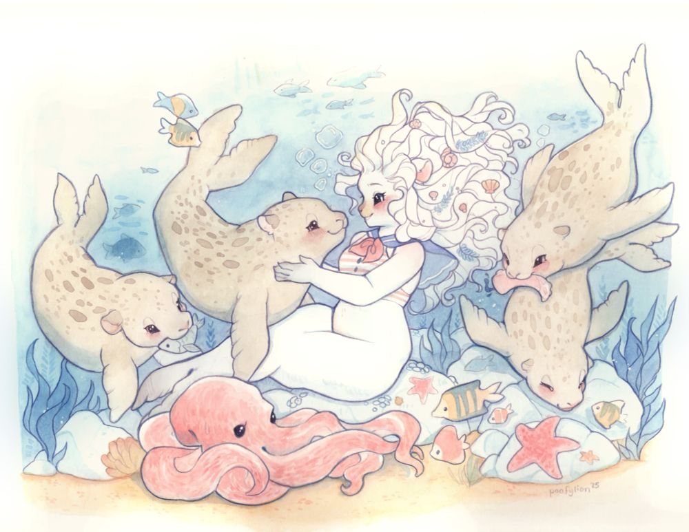 Illustration of a mermaid/seal character in the middle; she is all white with long hair and a striped sailor top. Brown seals with spots surround her, along with fish, sea stars, and a octopus.