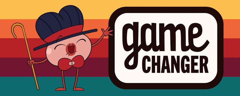 Cartoon butt standing next to the gamechanger logo 