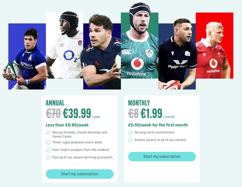 Offer is annual subscription for €39.99 or there's a monthly offer where the first month is reduced from €8 to €1.99 with no long-term commitment.