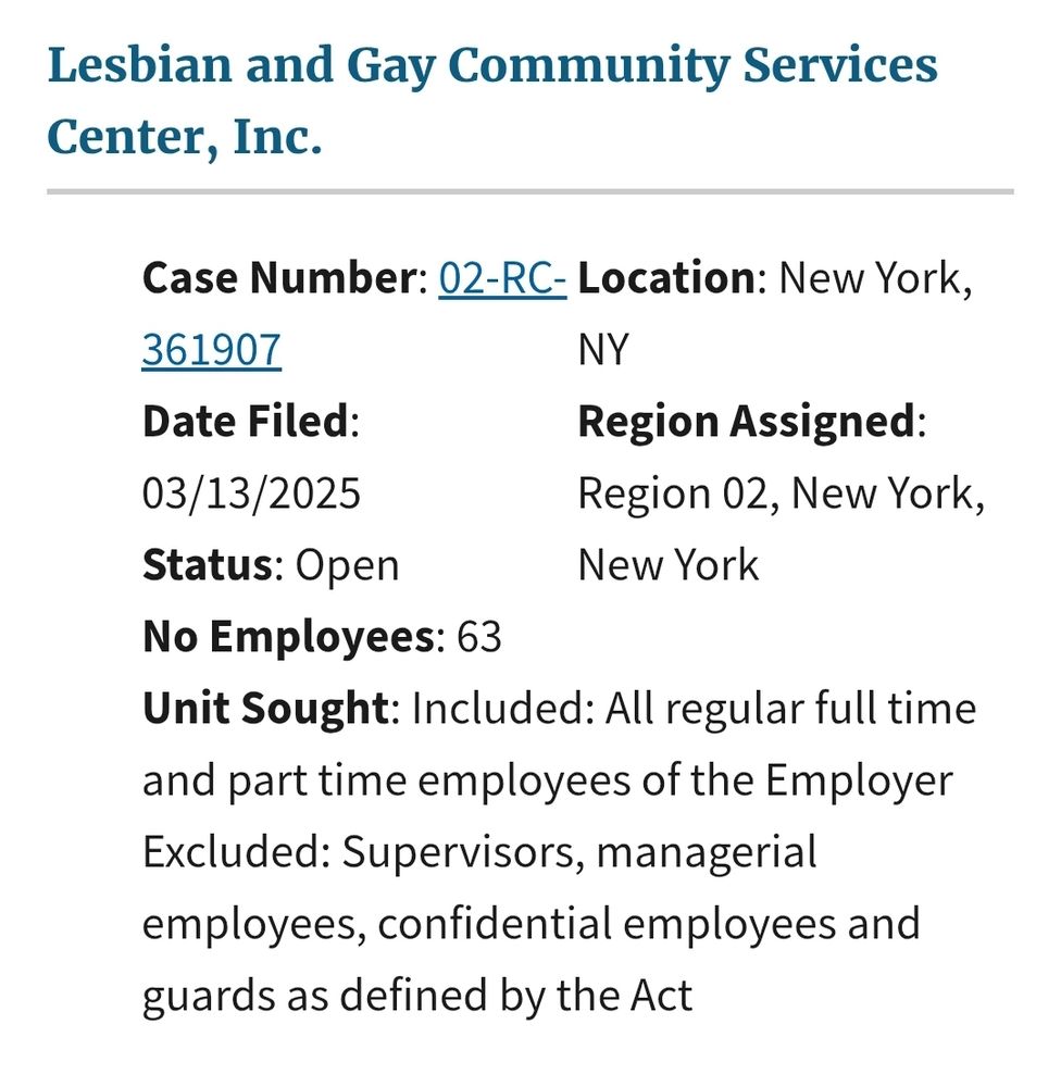 Pictured is a filing from the National Labor Relations Board website showing a petition for certification of a labor organization as the representative of a collective bargaining unit. The employer is the Lesbian and Gay Community Services Center, Inc. Located in New York, New York. There are 63 employees in the proposed bargaining unit made up of All full time and part time employees