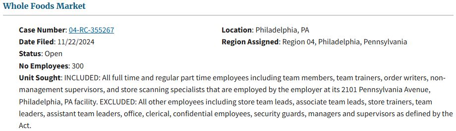Pictured is a filing from the National Labor Relations Board website showing a petition for certification of a labor organization as the representative of a collective bargaining unit.  The employer is Whole Foods Market located in Philadelphia, Pennsylvania.  There are 300 employees in the proposed bargaining unit made up of  All full time and regular part time employees including team members, team trainers, order writers, non-management supervisors, and store scanning specialists that are employed by the employer at its 2101 Pennsylvania Avenue, Philadelphia, PA facility. EXCLUDED: All other employees including store team leads, associate team leads, store trainers, team leaders, assistant team leaders, office, clerical, confidential employees, security guards, managers and supervisors as defined by the Act.