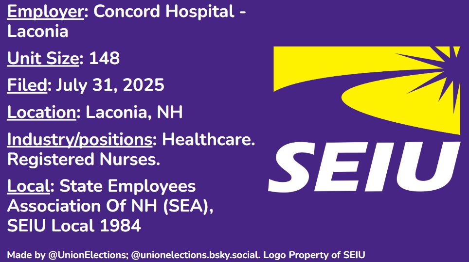 Pictured is a field of purple with text and a picture.  The text is on the left side and reads "Employer: Concord Hospital - Laconia; Unit Size: 148; Filed: July 31, 2025; Location: Laconia, New Hampshire; Industry/positions: Healthcare. Registered Nurses; Local: State Employees Association of NH (SEA) SEIU local 1984." On the bottom there is text that reads "Made by @UnionsElections; @unionelections.bsky.social. Logo property of SEIU." On the right side is the logo of SEIU.