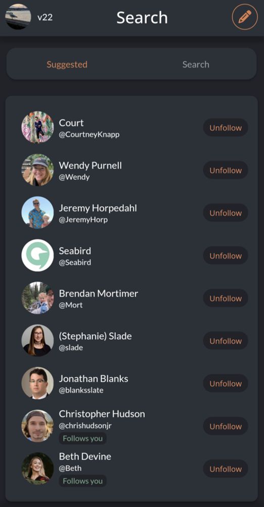 Screenshot of suggested users on the app Seabird Reader