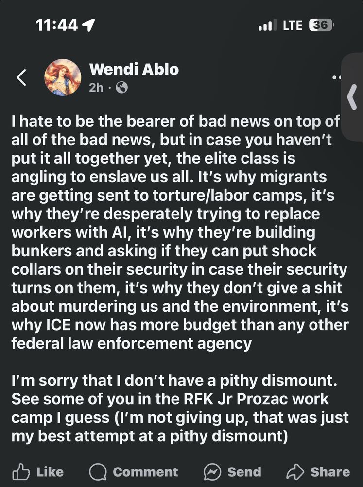 I hate to be the bearer of bad news on top of all of the bad news, but in case you haven’t put it all together yet, the elite class is angling to enslave us all. It’s why migrants are getting sent to torture/labor camps, it’s why they’re desperately trying to replace workers with AI, it’s why they’re building bunkers and asking if they can put shock collars on their security in case their security turns on them, it’s why they don’t give a shit about murdering us and the environment, it’s why ICE now has more budget than any other federal law enforcement agency

I’m sorry that I don’t have a pithy dismount. See some of you in the RFK Jr Prozac work camp I guess (I’m not giving up, that was just my best attempt at a pithy dismount)