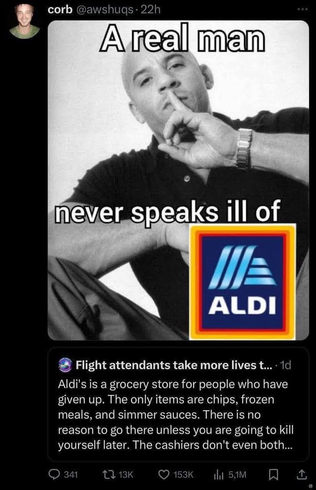 Meme of Vin Diesel with a finger to his lips in a “shush” way with text overlay saying, “a real man never speaks ill of Aldi” (there is the Aldi logo in place of text). Below there is a caption from another text or share or whatever that says, “Aldi’s is a grocery store for people who have given up. The only items are chips, frozen meals, and simmer sauces. There is no reason to go there unless you are going to kill yourself later. The cashiers don’t even both…” (it trails off)