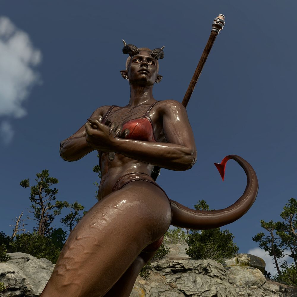 (BG3 photo mode) my tiefling Durge Mal doing a muscle pose in her underwear 