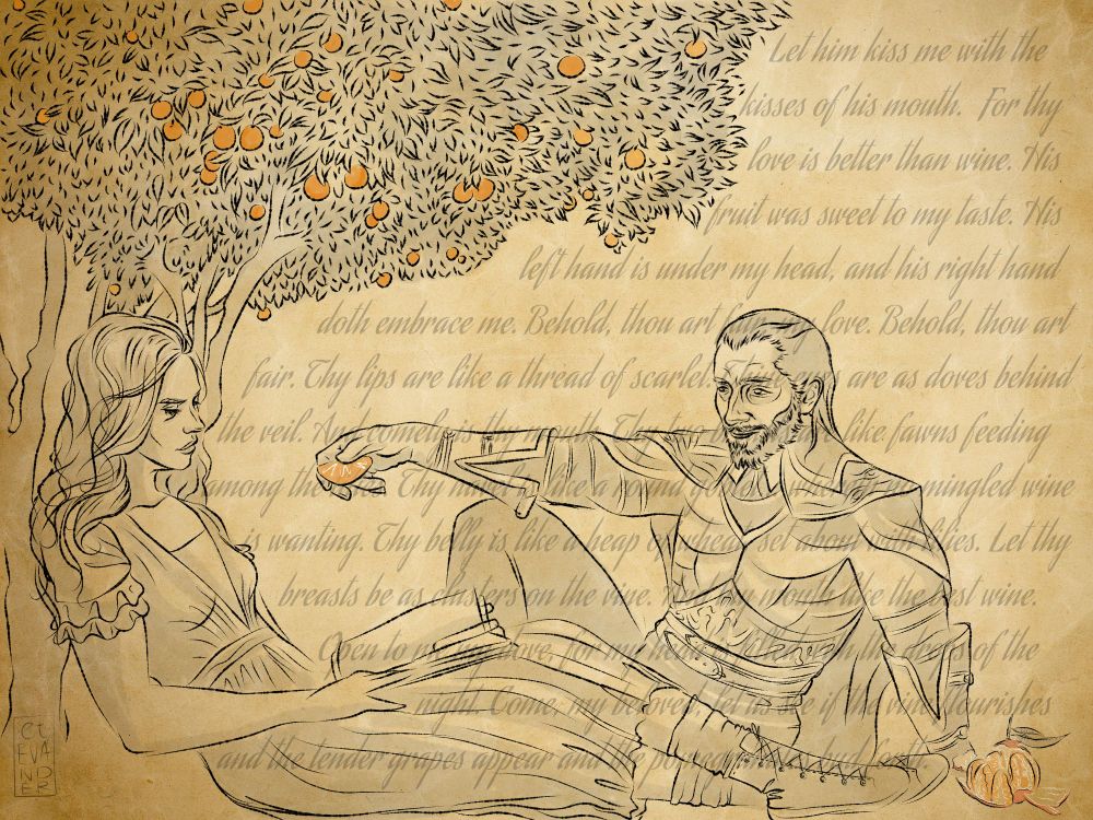 A sketch style digital drawing of fem Rook and Lucanis from Dragon Age the Veilguard sitting under an orange tree. Rook is wearing a sundress and reading a book while Lucanis offers her a slice of an orange he peeled. The peeled orange is at her feet. A Bible verse from the Song of Solomon is in the background in cursive script. The drawing is black and grey with pops of orange on a parchment paper textured background.