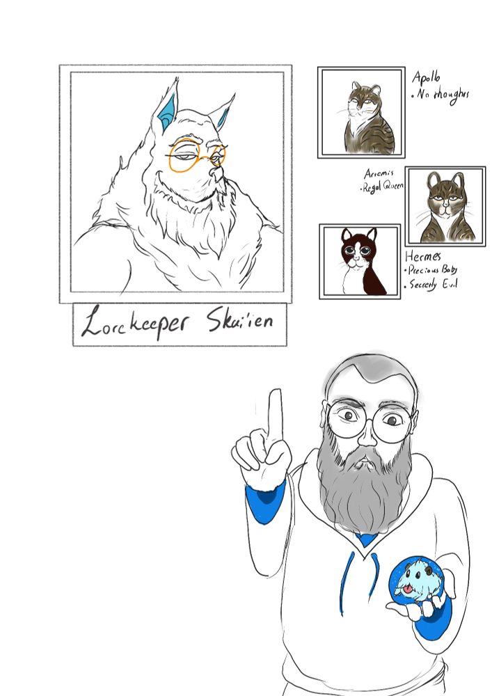 Avatar of youtuber TB Skyen drawn in the same posture as da vinci's Salvatore Mundi, hokding an orb with a Poro inside. Above him are a giant portrait of his white wolf fursona with golden glasses,and his three cats with slight notes about each one.