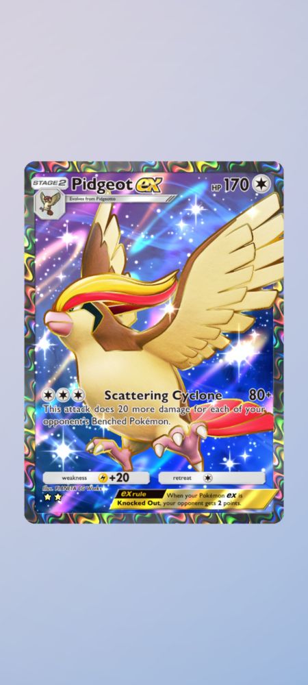 Rare Pidgeot EX Pokemon card with galaxy background and rainbow border