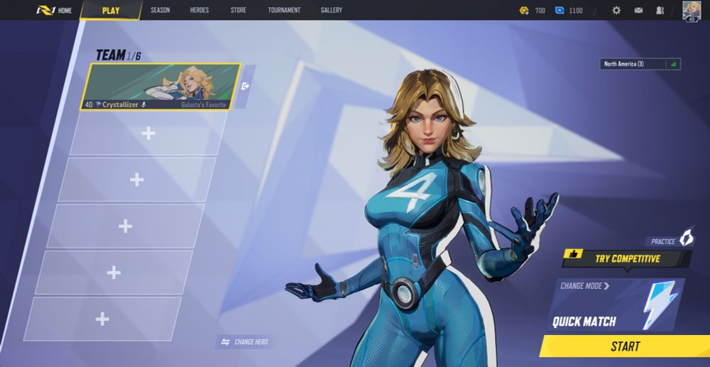 screenshot of the marvel rivals play screen, showcasing Invisible Woman front and center in her First Family black and blue colorway costume 