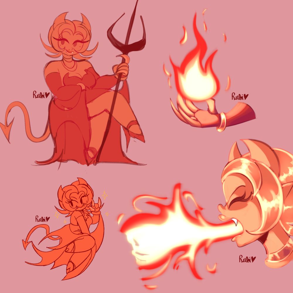 Pequenas sketchs da Lúcia, no canto superior esquerdo ela está segurando uma Tridente negra. No canto superior direito, a mão de Lúcia está soltando fogo, indicando que ela tem habilidades de fogo. No canto inferior esquerdo tem um desenho simples chibi de Lúcia. No canto inferior direito Lúcia está soltando fogo pela sua boca.