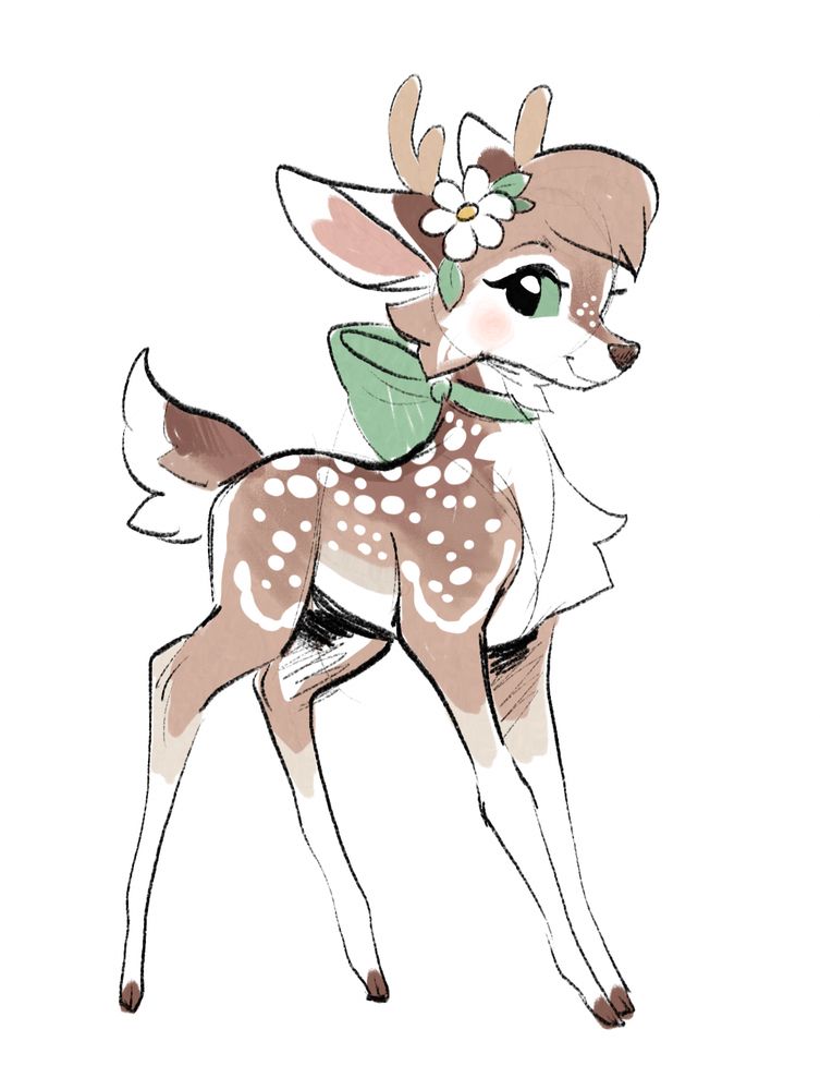 A drawing of a fawn doe with a flower in her hair and a green ribbon tied around her neck. 