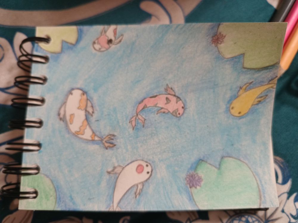 A sketchbook page with a koi pond drawn using colored pencils 