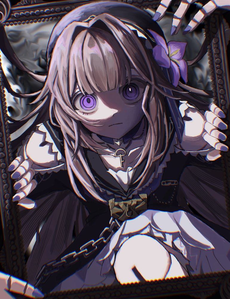 崩壊スターレイルというゲームの「ヘルタ」というキャラクターのイラストです。
額縁の中から身を乗り出し、こちらを真っ直ぐ見つめています。
このイラストは、”『私』の誕生”というヘルタのモチーフ光円錐のオマージュになっています。