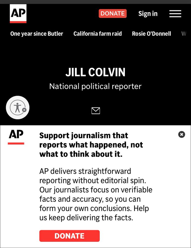 Popup ad over Trump puff piece asking for donations to AP, which claims not to spin news 