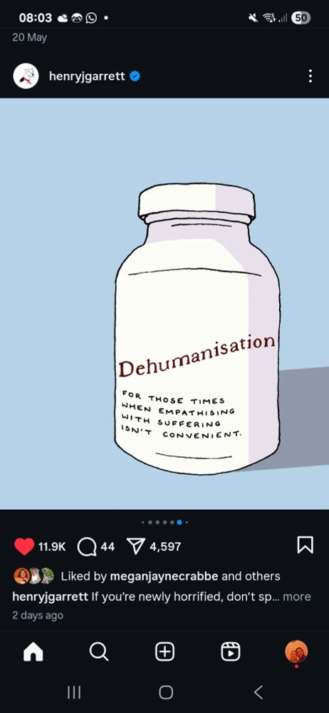 An illustration by Henry J Garrett, of a white pill box on a blue background. The label reads: "Dehumanisation, for those times when empathising with suffering isn't convenient"