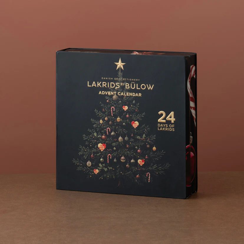 a picture of a black advent calendar with a christmas tree on the front. The words Lakrids Bulow Advent Calendar on the front. Lakrids is Danish or Icelandic or something for black licorice