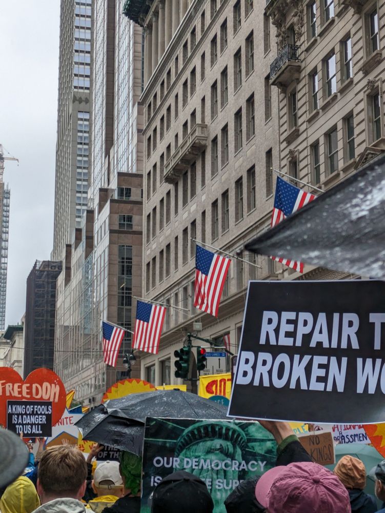 A wall of protesters and protests signs juxtaposed against a building with American flags