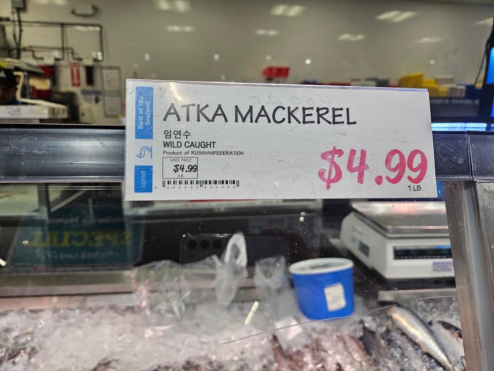 Screen shot of a label at hmart . It says wild caught atka mackerel. Product of the Russian federation
