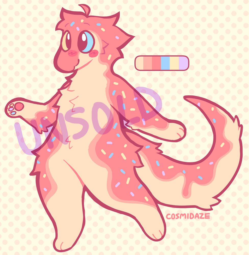 a digital drawing of an anthropomorphic worm on a string creature that has markings mimicking pink frosting and colorful sprinkles on a strawberry donut