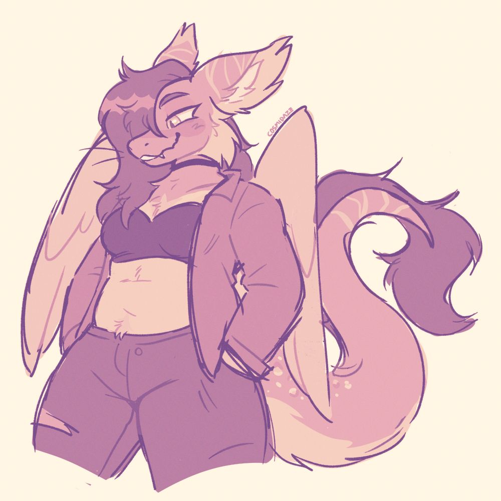 digital drawing of a fluffy dragon girl with a smug expression. she is wearing a bralette, open button up shirt, and ripped jeans
