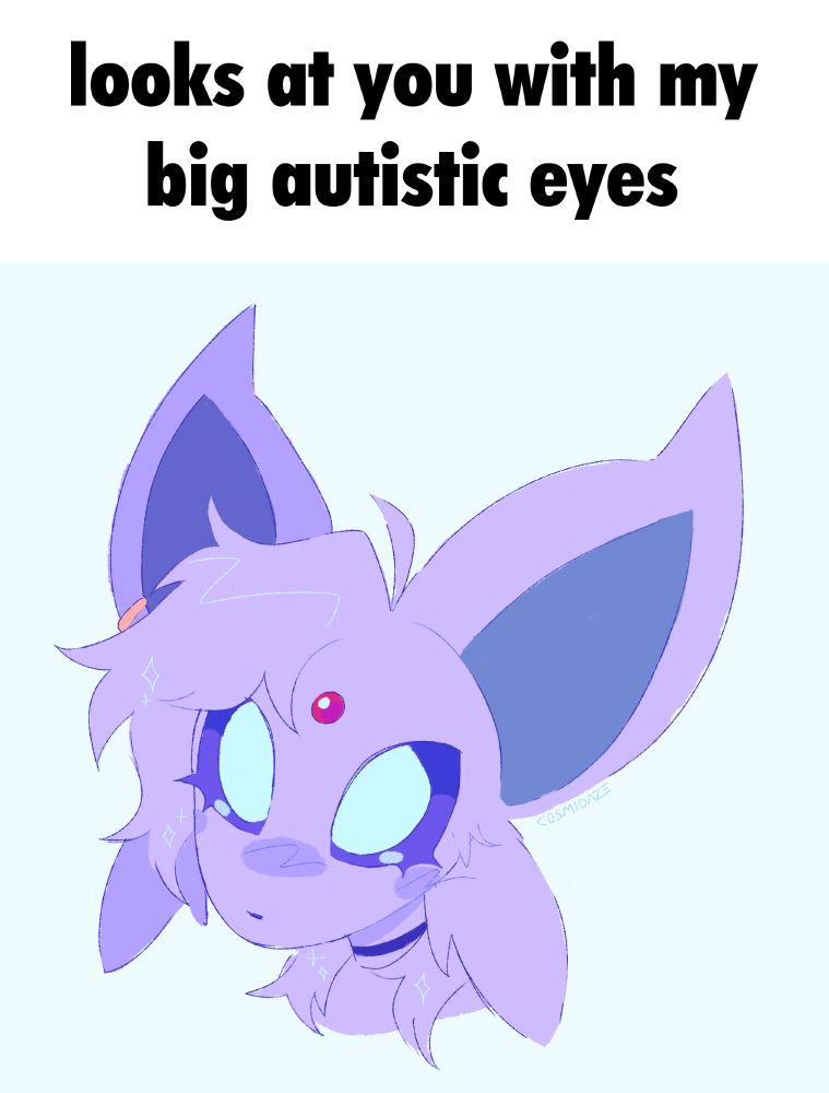 a digital headshot drawing of my espeon sona, Sol, looking up with big wide eyes. there is a caption above the drawing reading "looks at you with my big autistic eyes"