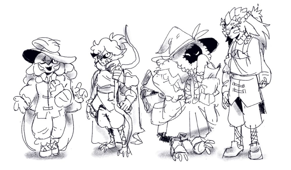 Four figures standing in a line. They’re all “Goloins”, fantasy creatures with four fluffy arms, big eyes with dark scleras, and big fluffy ears. They’re all relatively short. From shortest to tallest: Gartrenus, who wears a big feathered hat with an awkward gate. Arkat, who has a big bow and stands proudly. Yaiyo, who’s face is obscured via the big fuffy shroud and large hat she’s wearing, is scanning over some scrolls. And finally, Straga, the tallest, who has a nervous and awkward stance, holding one of his arms.