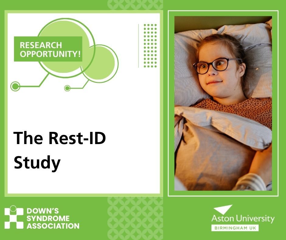 Image of a girl who has Down's syndrome sat in bed, ready to sleep. Our DSA logo is used with colours of green and white on the poster. The Ascot University logo is also used.