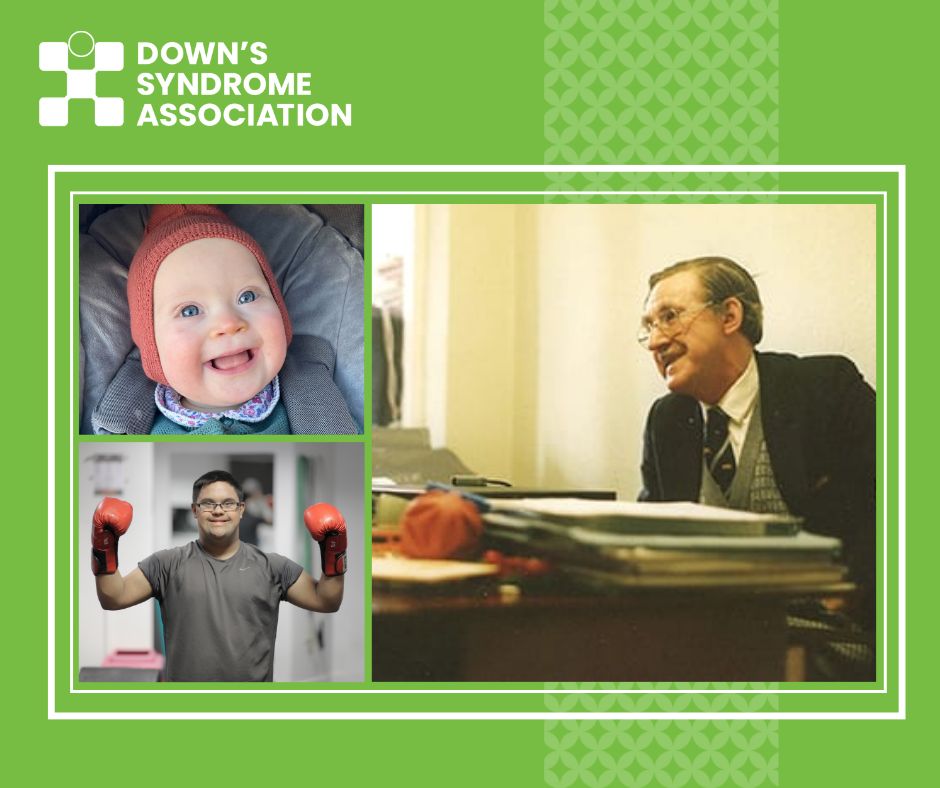 Image of a young baby and a man in gym clothes holding up boxing gloves. They both have Down's syndrome. Rex Brinkworth is also pictured.